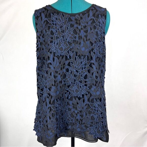 White House Black Market Tops - WHBM‎ Heavy Cutout Lace Blue and Black Sheer Lined Sleeveless Top Size 14